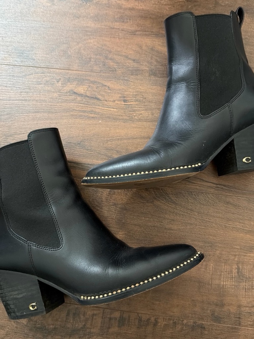 Coach Black Leather Pointed Toe Stud-Trim Chelsea Boots